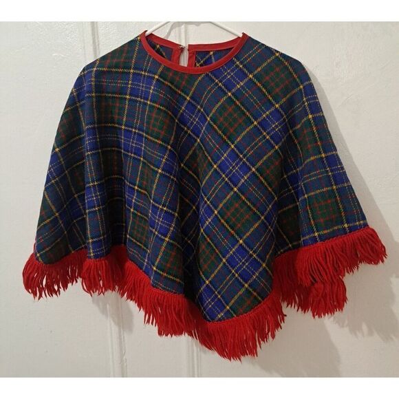 Vintage70's WOOL TARTAN PLAID FRINGE WOMENS SMALL PONCHO CAPE RED BLUE Sweater